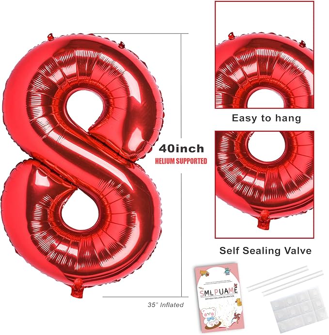 40 inch Number Balloon 0-9 Red Large Number 8 Balloons,Digital Balloons for Birthday Party Celebration Decorations Supplies, Helium Foil Number Balloons for Wedding Anniversary