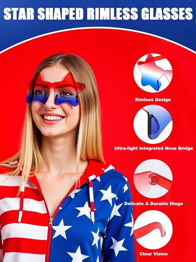 8 Pairs Star Sunglasses 4th of July Glasses Accessories Outfit for Women Adults Patriotic Rimless Sunglasses Party Favors for Birthday Beach Pool