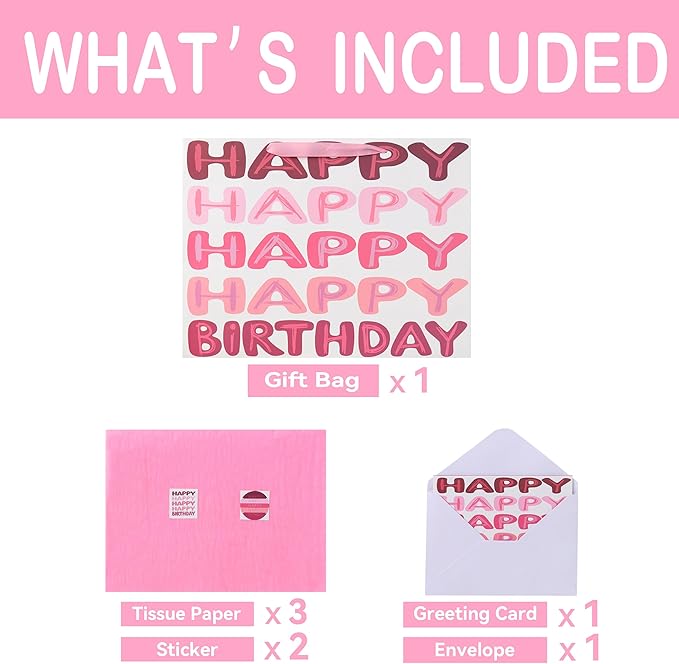 Qirrmiy 16.5" Extra Large Pink Happy Birthday Gift Bag Set with Handles, Greeting Card, Tissue Papers and Stickers for Women Girls Kids Teens, Words Design, 1 Pcs