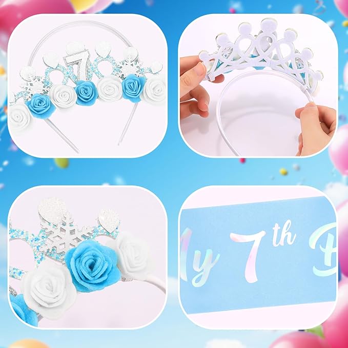 CUBACO 7th Birthday Crown Headband and Sash, 7 Year Old Girl Birthday Gifts for Blue Princess Crown, Frozen Party Decorations Favors for Girls Outfit
