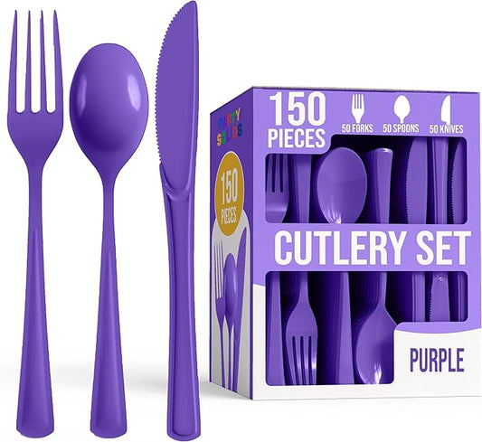 Party Solids Purple Plastic Silverware Heavy Duty 150 Pieces Purple Plastic Cutlery Sets, Utensil Sets, 50 Of Each Forks, Knives & Spoons Disposable Cutlery Set, Flatware Set For Party Supplies