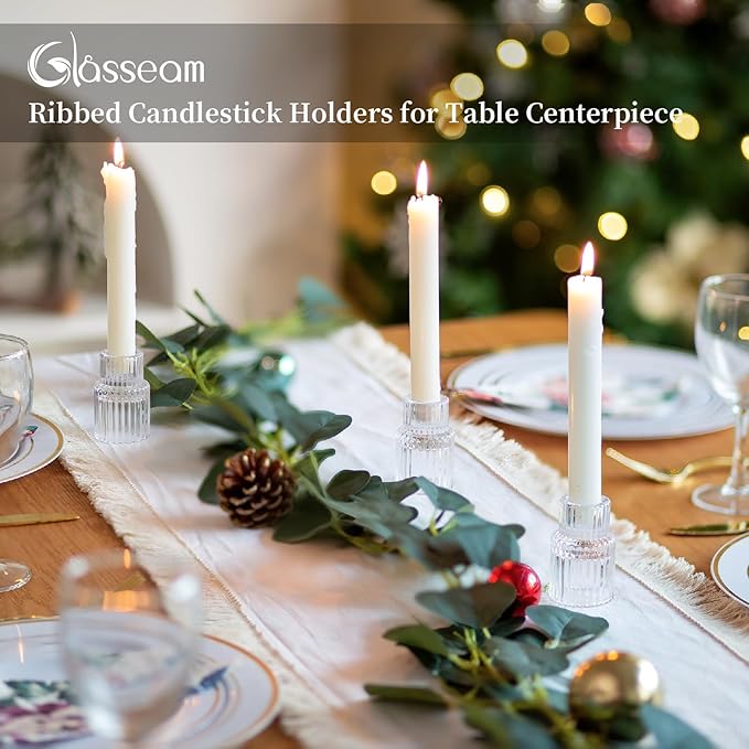 Glass Candlestick Taper Candle Holder: Glasseam Set of 2 Small Candle Holders for Candlesticks, Modern Crystal Clear Tapered Candle Stick Holder for Wedding Dining Table Centerpiece Christmas Decor