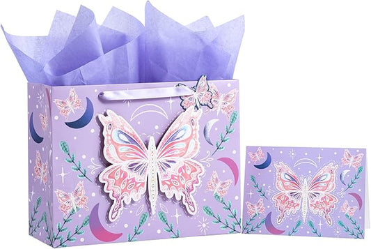 WRAPAHOLIC 13" Large Gift Bag with Card and Tissue Paper - Purple Butterfly Design for Birthday, Mother's day, Baby Shower, Valentines Day