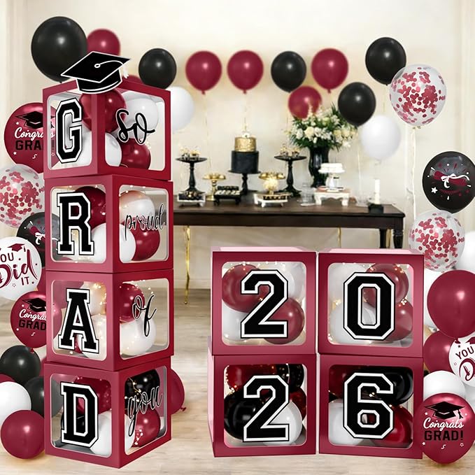 2026 Graduation Decorations - Maroon Balloon Boxes with Letters 2026 Grad & So Proud of You and Maroon Black White Print Balloons, Graduation Party Decorations Class of 2026 for Any Grades
