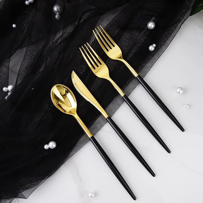 I00000 300Pcs Black Plastic Silverware, Happy New Year Gold Disposable Silverware, Black and Gold Plastic Utensils Include 100 Forks 100 Knives 100 Spoons,Disposable Cutlery for Wedding