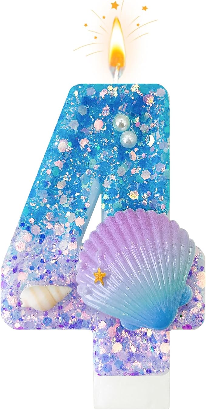 Blue and Purple Birthday Candles, 4th Birthday Cake Decoration, Cupcake Candles，Suitable for Mermaid Theme Party Cake Decoration (4)