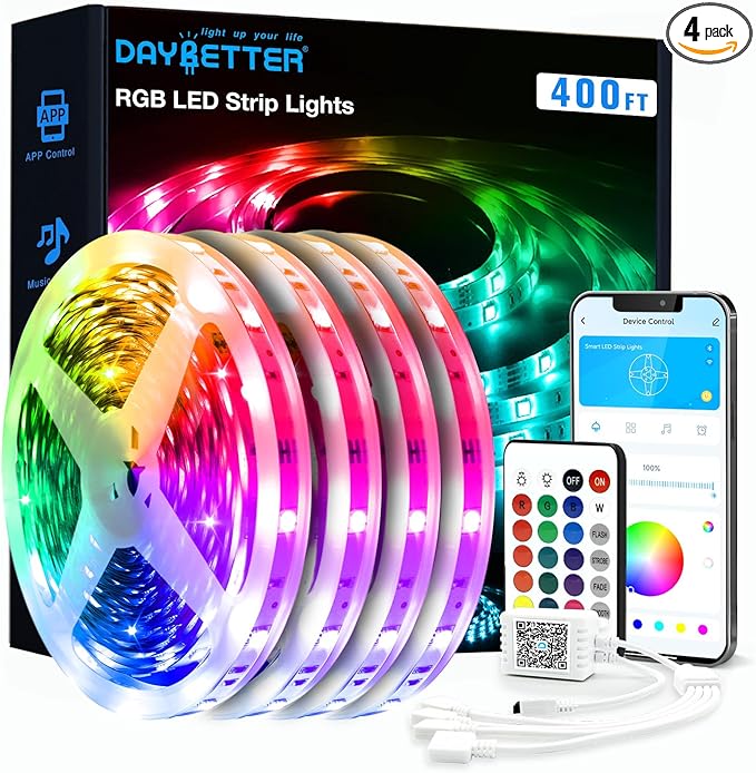 DAYBETTER LED Strip Lights 400ft (4 Rolls of 100ft), Color Changing Lights Strip for Bedroom, Desk, Indoor, Room Bedroom, Girl Boy Brithday Gifts RGB Decor with Remote and 24V Power Supply