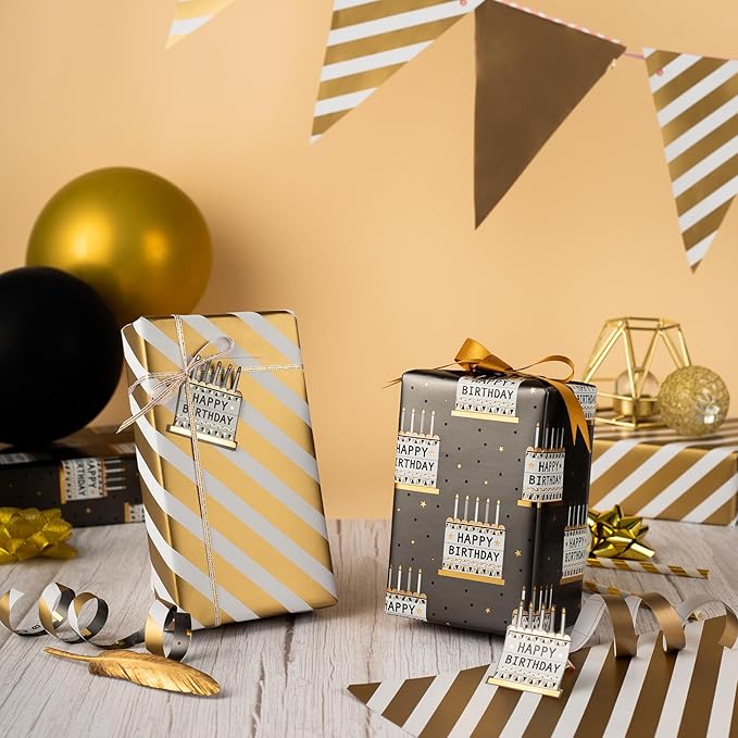 MAYPLUSS Birthday Cake Wrapping Paper Roll - 17 Inch X 33 Feet - Elegant Metallic Charcoal Grey Birthday Cake Pattern Reversible Boy Gift Wrap Paper for Men, Baby Shower, Father's Day, Party