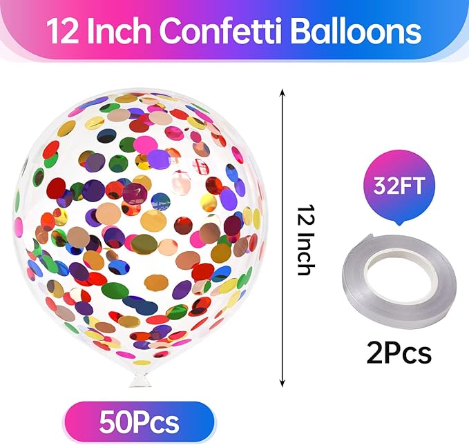 KALOR 50pcs Multicolor Foil Confetti Balloons,12 inch Latex Balloon with Rainbow Confetti Inside for Birthday Family Party Wedding Party Baby Shower Decoration Supplies