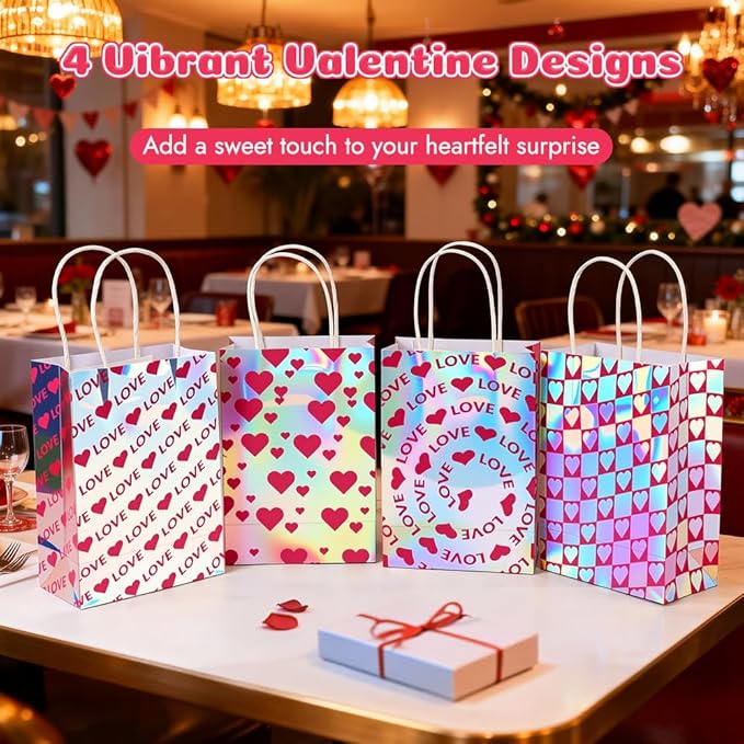 Shintop 24Pcs Iridescent Gift Bags with Handles, Small Holographic Mothers Day Goodie Bags Reusable Paper Party Favor Pouches Bulk for Valentine & Birthday Parties (8.3 x 5.9 x 3.1 in)