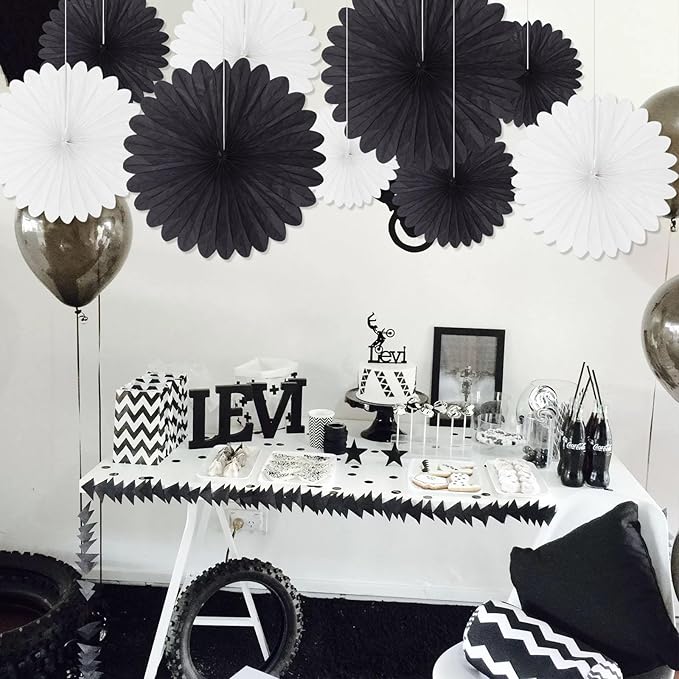 20 Pcs Black White Hanging Paper Fan, Round Paper Fans Decorations Set for Weddings, Birthdays, Engagement, Bridal Shower, Baby Shower Event, Graduation, Party Supplies Decor