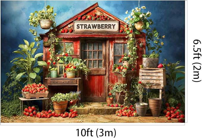 Kate 10x6.5ft Vintage Strawberry Farm Photography Backdrop Wooden Red Cottage with Plants Decoration Backgrounds Greenery Berry Baskets Baby Shower Photo Background