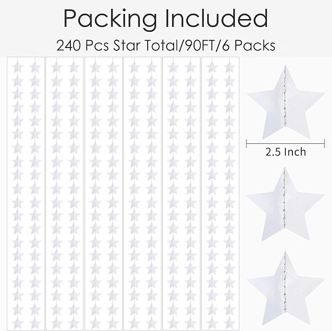 Metallic Silver Iridescent-Star-Garland 90FT – 240 Pcs Sparkling Star Streamers – Hanging Glitter Star Banner Backdrop for Birthday, Baby Shower, Wedding, Christmas Party Decorations (6 Packs)