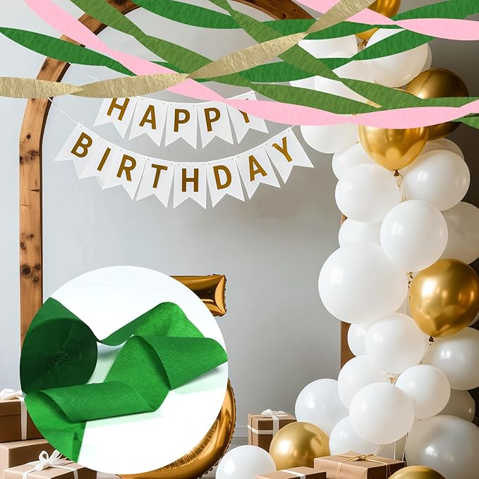 Paper Streamers,8 Rolls Green Pink and Gold Wedding Party Decorations,Crepe Paper Streamers for Party Supplies, Birthday, Spring Party,Bachelorette, Baby Bridal Shower(1.77Inch x 82Ft/Roll)