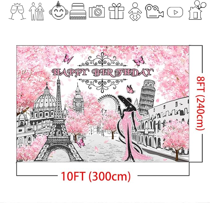 Mocsicka Paris Birthday Backdrop - Pink Floral Paris Themed Party Decorations (10x8ft)