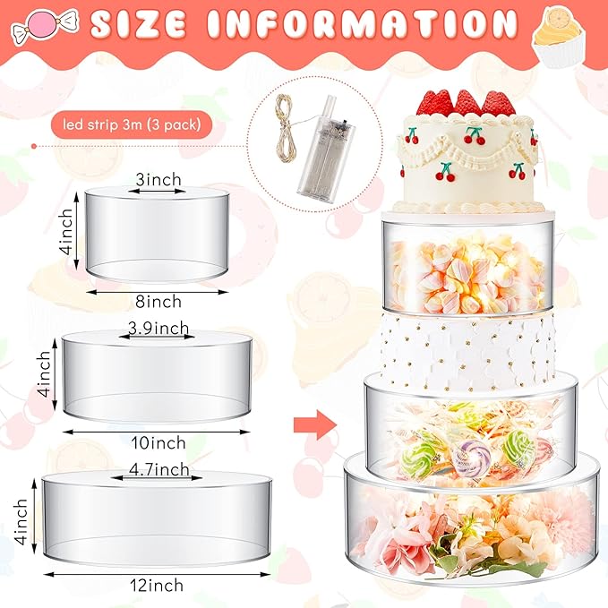 Sintuff 3 Pcs Acrylic Cake Stand with LED Lights 8'', 10'', 12'' Clear Fillable Cake Riser Round 3 Tier Case Box for Wedding Birthday Holiday Party Food Display, 3 Sizes