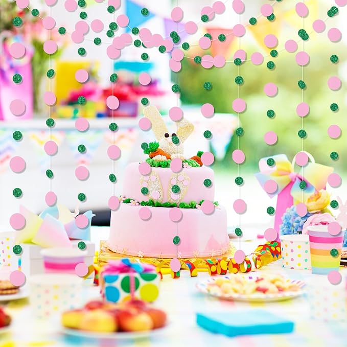 Outus 10 Pieces Pink,Green Round Dots Garland Graduation Party Hanging Decor Each Length 13.1ft Glitter Paper Dot Streamers for Birthday Wedding Classroom Supplies