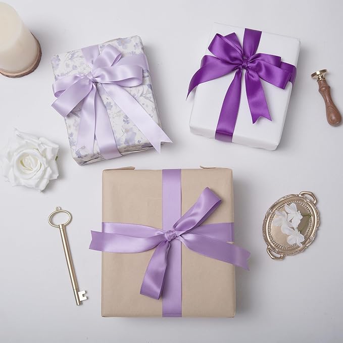 QIANF Purple Double Face Satin Ribbon 1 Inch x 45 Yards Lavender Fabric Ribbon for Gift Wrapping, Flower Bouquets, Hair Bows Making, Wedding Decoration, Invitation Cards, Christmas (3 Rolls *15Yd)
