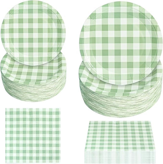 180Pcs Green Gingham Party Supplies Paper Plates and Napkins Serve 60 Disposable Tableware Set for Birthday Party Decorations Game Day Family Holiday Sports Events