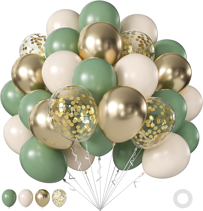 Sage Green Balloons, 60Pcs 12Inch Sage Green Sand White Metallic Gold Confetti Balloons for Boho Baby Shower Wedding Bridal Shower Engagement Birthday Party Decorations