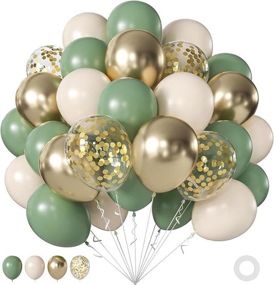 Sage Green Balloons, 60Pcs 12Inch Sage Green Sand White Metallic Gold Confetti Balloons for Boho Baby Shower Wedding Bridal Shower Engagement Birthday Party Decorations