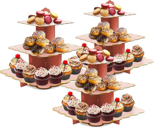 Cupcake Stand,3 Set of Square 3-Tier Dessert Plates Mini Cakes Fruit Candy Display Tower Cookie Tray Rack Candy Buffet Holder Cake Stand Cardboard Cupcake Stand Tiered Serving Stand (Pink)