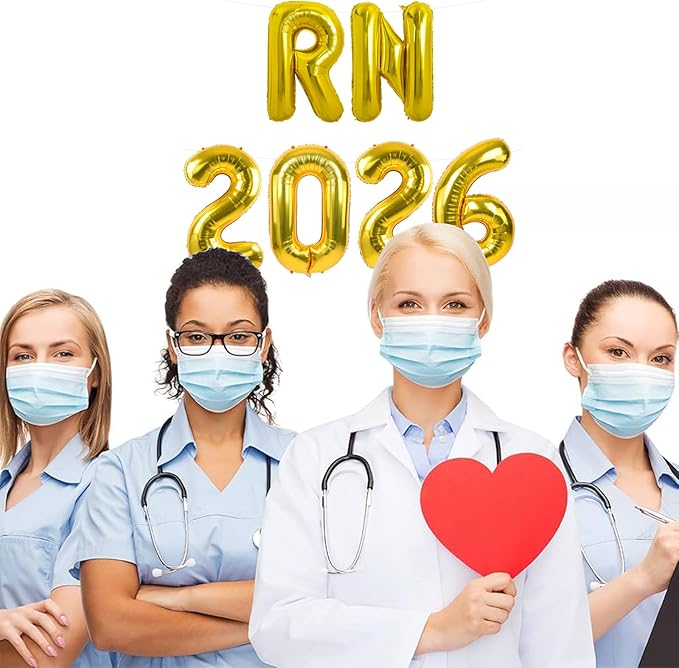 TONIFUL 2026 Nurse Graduation Decorations Gold RN 2026 Balloons 16 Inch RN 2026 Graduation Balloons Class of 2026 Registered Nurse Balloons Decorations 2026 Nursing Graduation Party Supplies