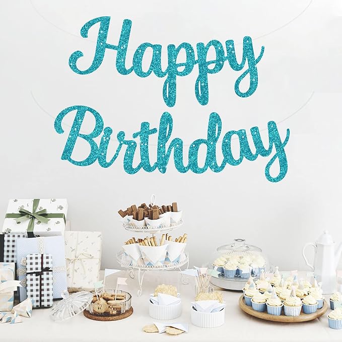BEISHIDA Happy Birthday Banner - NO DIY,Light Blue 10Feet Pre-Strung-Glitter Birthday Sign Garland Backdrop Decorations for Women men Party