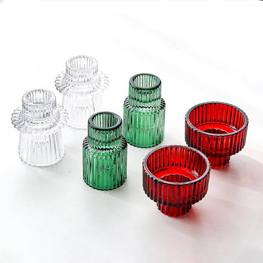 Christmas Class Candlestick Holders 6PCS Red Green Ribbed Taper Candlestick Holders for Tealight Candles Christmas Table Centerpieces Indoor Decoration