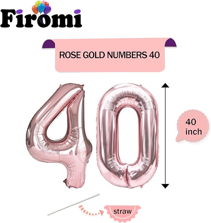 FIROMI 40 Foil Number Balloons Rose Gold 40-inch Big Giant Jumbo Mylar 40 Balloon Numbers for 40th Birthday Party Anniversary Decorations