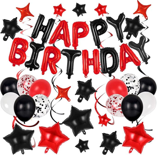 55 Pcs Happy Birthday Balloons Letters Banner with 35 Pcs Star Foil Balloon, 20 Pcs Latex Balloons, 6 Hanging Swirls for Women Men Boys Girls Birthday Party Decorations Set ﻿ (Black and Red)