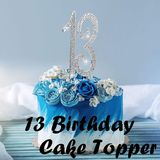 Bling Crystal Rhinestone 13 Birthday Cake Topper - Best Keepsake | 13th Party Decorations Silver
