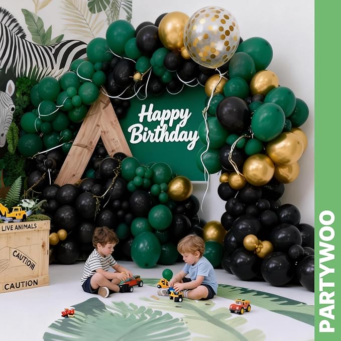 PartyWoo Black Gold and Green Balloons 66pcs 12 Inch Black Gold Green Balloons for Graduation Baby Shower Birthday New Year's Eve Anniversary Bachelorette Retirement Engagement Party Decorations