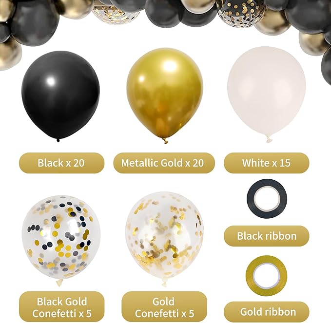 RUBFAC Black and Gold Balloons, 2026 Graduation Party Decorations Balloons 65pcs 12 Inches Black Gold White Confetti Party Balloon for Birthday Decorations