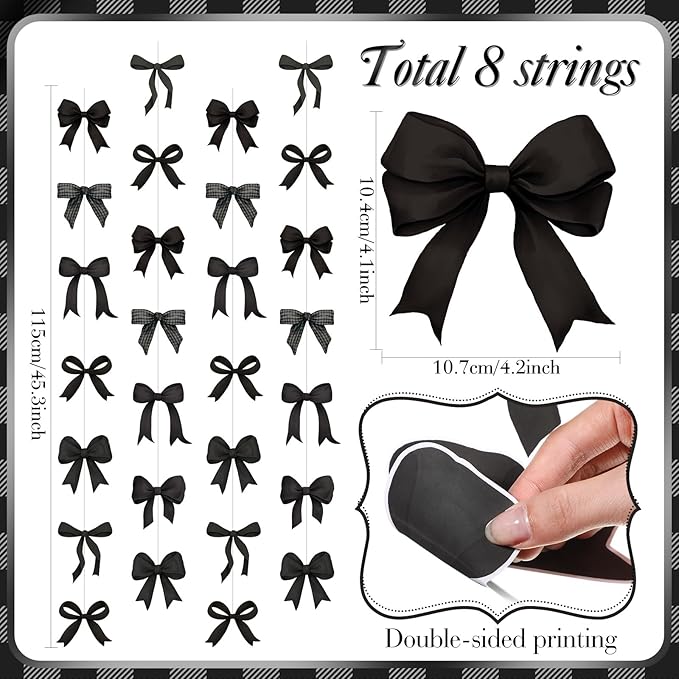 Daifunli 8 PCS Bow Decorations Bow Hanging Banners Garland Banners Paper Cutouts Ribbon Streamers for Birthday Bridal Engagement Bachelorette Wedding Party Decor(Black)