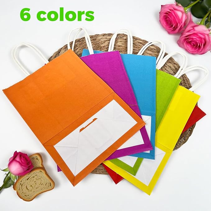 Sanyuanzhou 36 Pack Gift bags with handles，8.2"×3.1"×5.9" paper bags with handles bulk，For children's birthdays, baby showers, crafts, weddings, party supplies (6 colors)