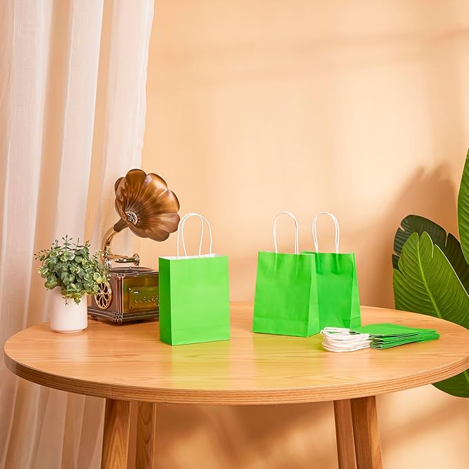 SUNCOLOR Small Green Paper Gift Bags with Handles, 25-Pack,6" Mini bags for Jewelry, Candies, Gadgets, Party Favors