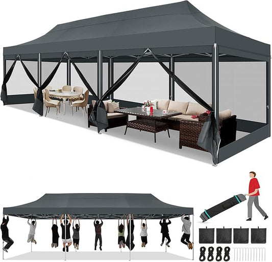 COBIZI 10x30 Heavy Duty Pop Up Canopy with 8 Sidewalls, Easy Set Up Outdoor Waterproof Screen Commercial Party Tent with Mosquito Netting for Parties Backyard Patio, Roller Bag, Gray
