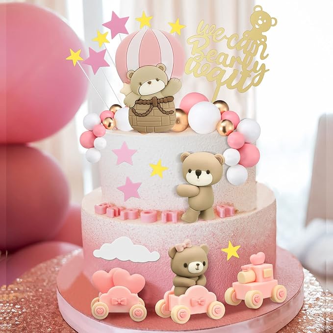 Yinder Bear Cake Toppers Mini Bear Cake Decorations Cake Toppers Gold White Pearl Ball for Birthday Party Decorations(Pink, Brown,Vivid Style)