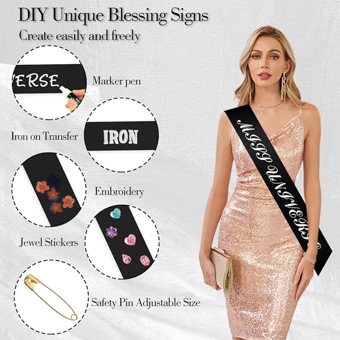 4Pcs Black Blank DIY Sash for Prom Queen, Homecoming, Pageant, Senior Sash, Christmas, Party - Satin Sashes for Graduation, Birthday, Halloween Bachelorette Party, Black Blank Sashes with Safety Pin