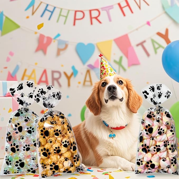 Dog Cellophane Treat Bags, 100PCS Plastic Paw Goodie Bags with Ties for Candy Cookie Gifts, 5x11 Inch Clear Gift Bag for Baby Shower Pet Puppy Birthday Party Decorations Favors Supplies Wrapping