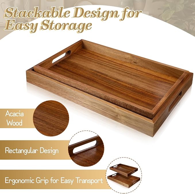 2 Pack Solid Acacia Wood Serving Trays with Handles, Rectangular Wooden Serving Platters, Decorative Servings Trays Set, Portable Ottoman Tray–Great for Lap &Couch, 16"+15"