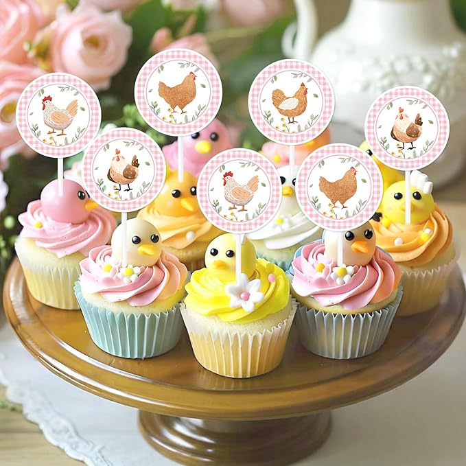 Cheereveal Chicken Birthday Party Decorations, 24pcs Chick Theme Cupcake Toppers Pink, Barnyard Farm Animal Theme Birthday Baby Shower Party Supplies for Girls