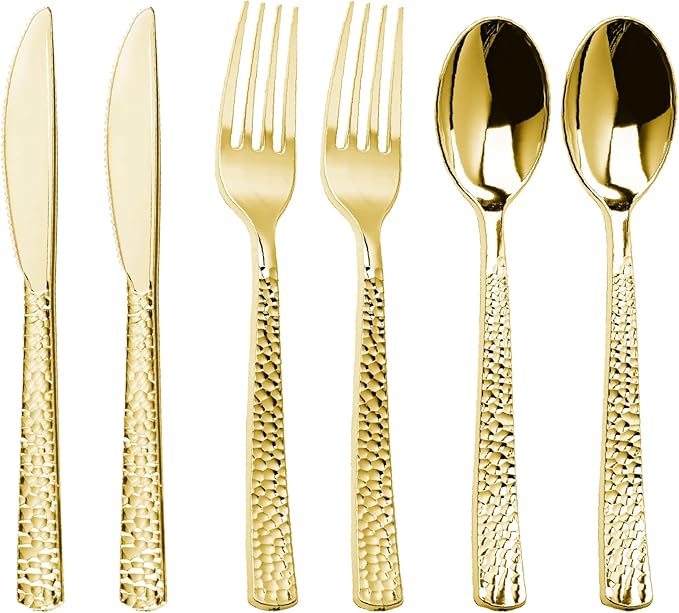 360PCS Gold Plastic Silverware, Heavy Duty Plastic Cutlery Set, Disposable Utensils, 120 Forks, 120 Spoons and 120 Knives for Party, Wedding and Events