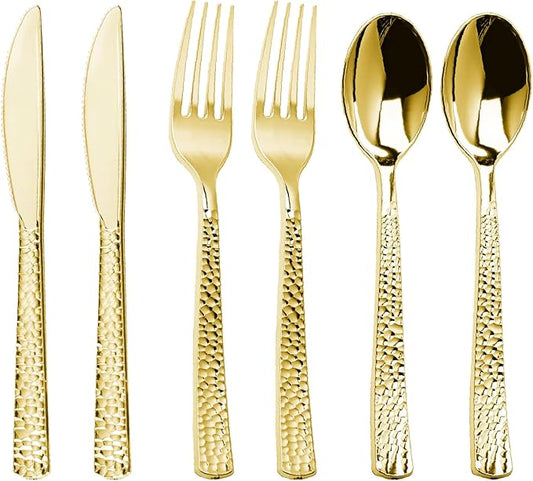 360PCS Gold Plastic Silverware, Heavy Duty Plastic Cutlery Set, Disposable Utensils, 120 Forks, 120 Spoons and 120 Knives for Party, Wedding and Events