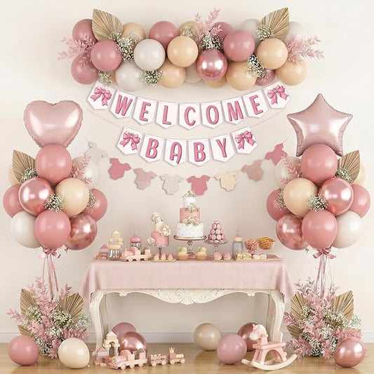 Dusty Pink Baby Shower Decorations Oh Welcome Baby Girls Balloon Set with Star Heart Foil Balloons Bunting Banner Bodysuit Garland Bow Boho Blush Beige Rose Gold White Sand Gender Reveal Party Boys