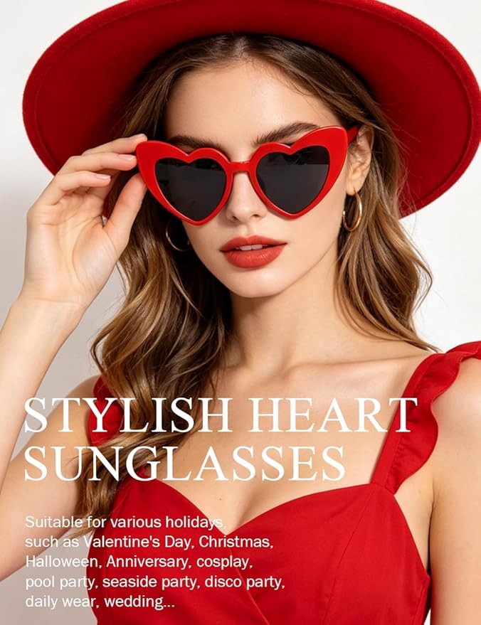 8 Pack Heart Sunglasses Vintage Cat Eye Heart Glasses Retro Bachelorette Bride Sunglasses Bulk for Women