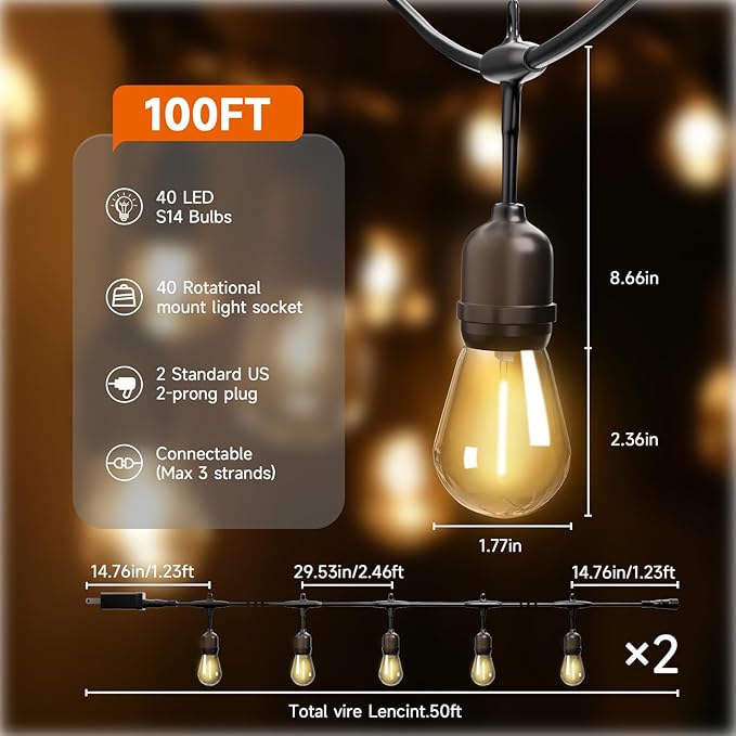 Outdoor Safety String Lights 100FT - Commercial Grade Low Voltage Strand with 40 S14 Shatterproof Bulbs for Tree Garden Yard bistro Cafe | Warm Yellow 3500K Party Lights | IP65 Waterproof | UL Listed