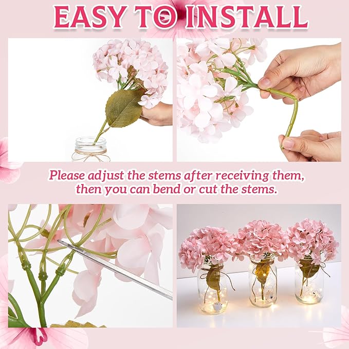6 Sets Mason Jar with Lights Pink Hydrangea Decorative Pink Centerpieces for Tables Mason Jars Flowers Decorations LED Farmhouse Vase for Home Wedding Event Party Decor