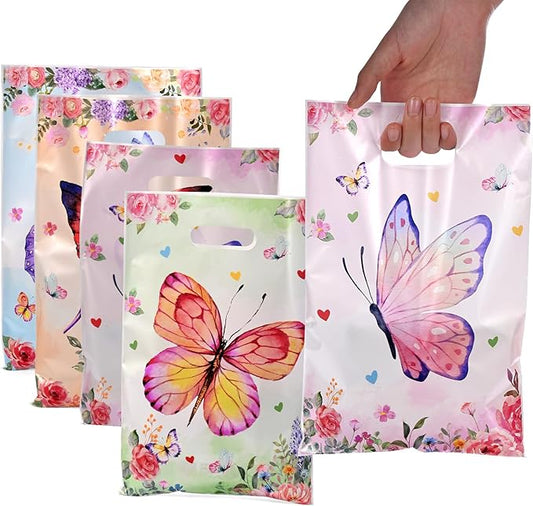 50 Pcs Butterfly Party Favor Bags with Handles (4 Designs) - Plastic Treat Bags for Candy & Small Gifts, Bulk Supplies for Wedding Baby Shower Goodie Bags, Holiday Gift Bags for Thanksgiving, Halloween, Christmas, New Years, Birthday Party Decorations